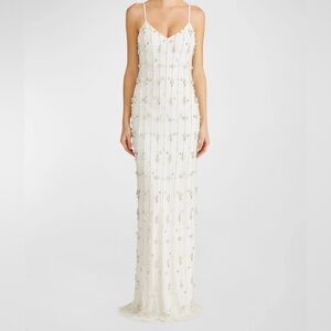 Monique Lhuillier White Beaded Maxi Slip Dress